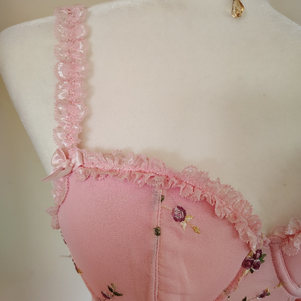 Dolls Kill Sugar Thrillz Pink Embroided, Lace Trim Corset Top - Picture 3 of 7